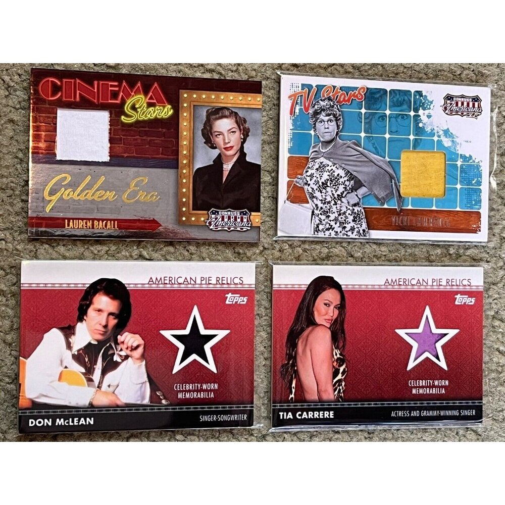 4 Topps American Pie & Americana Card Lot Relics Don McLean, Lauren Bacall, Tia